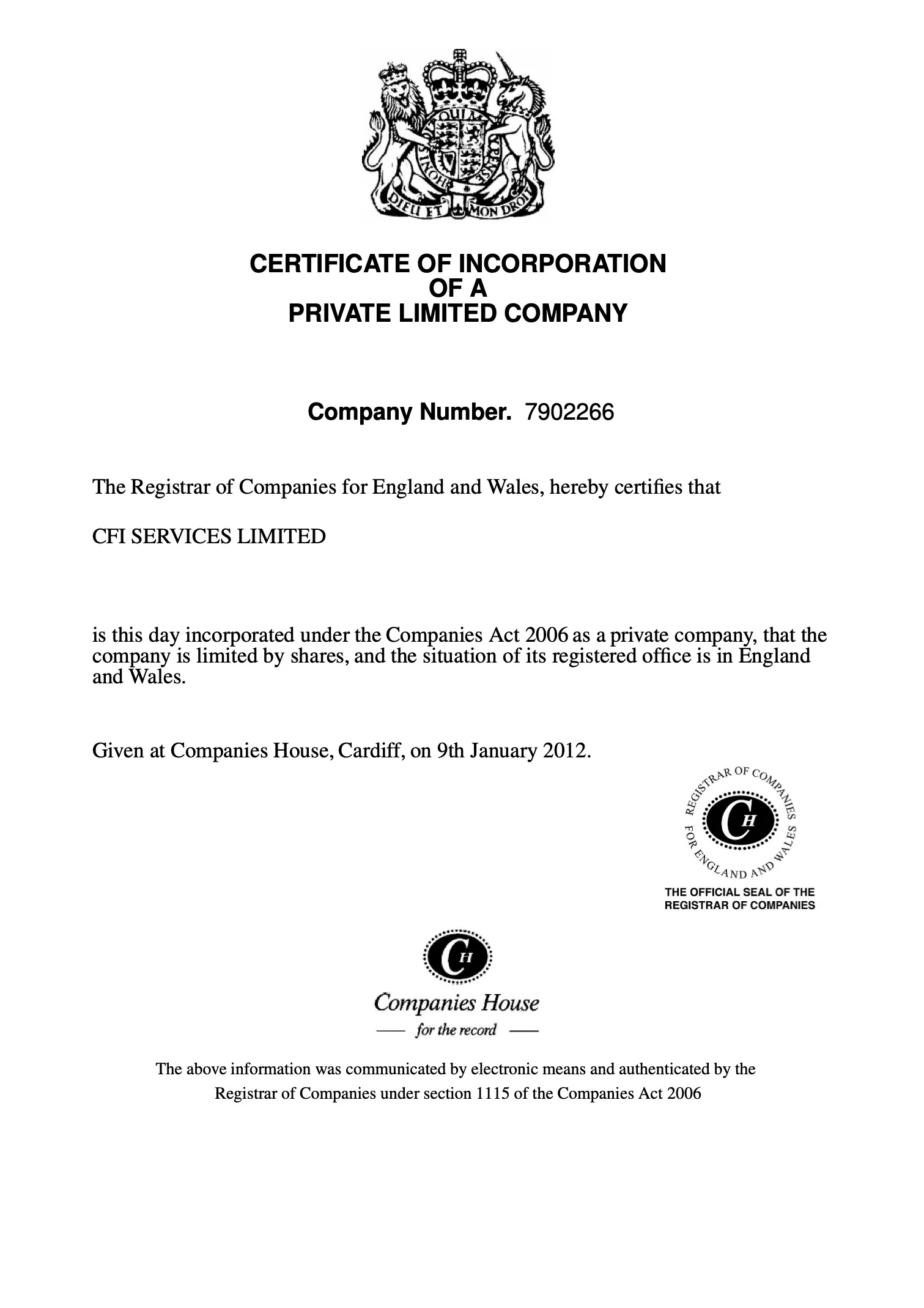 Certificate of Incorporation, UK