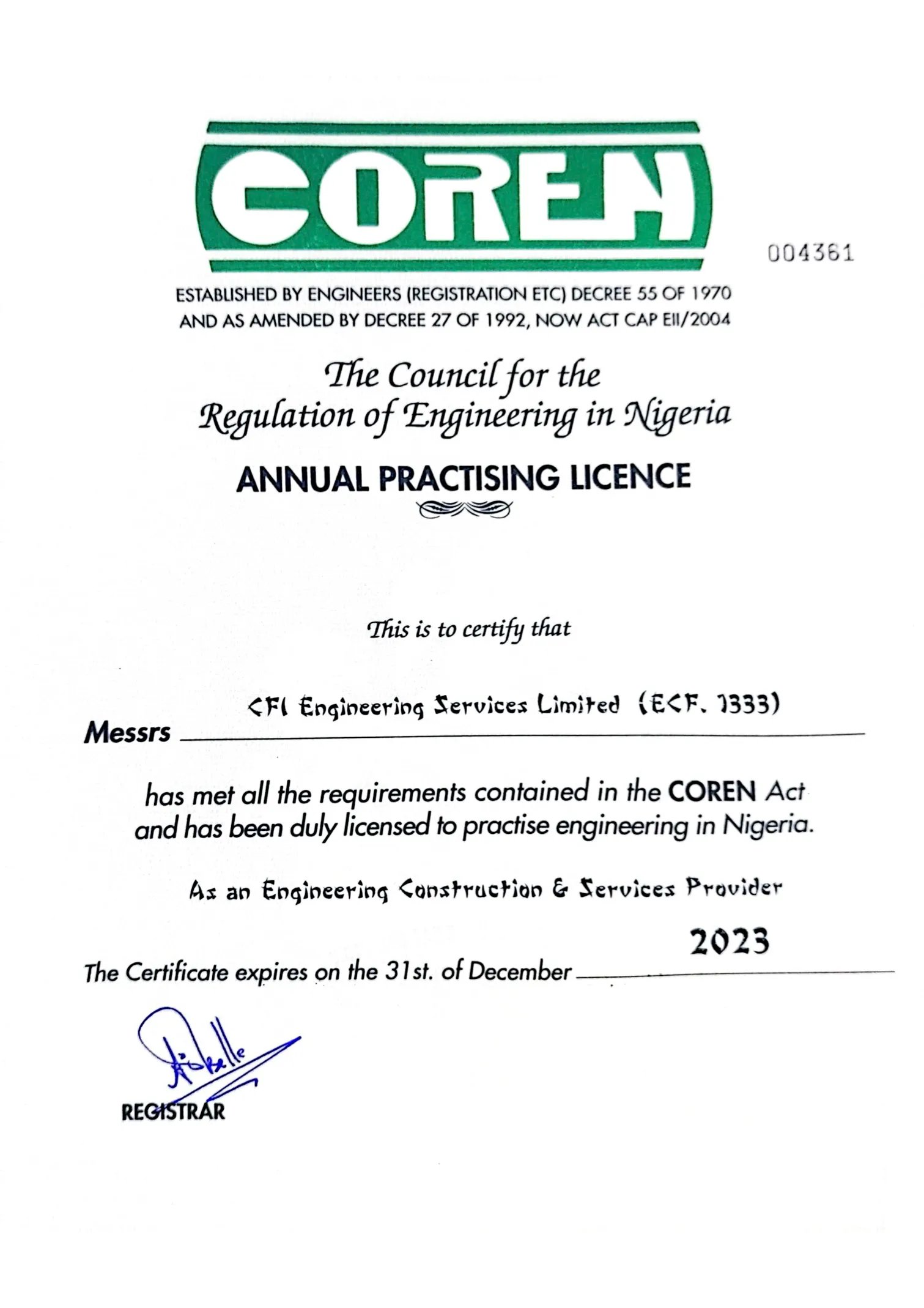 COREN Certification