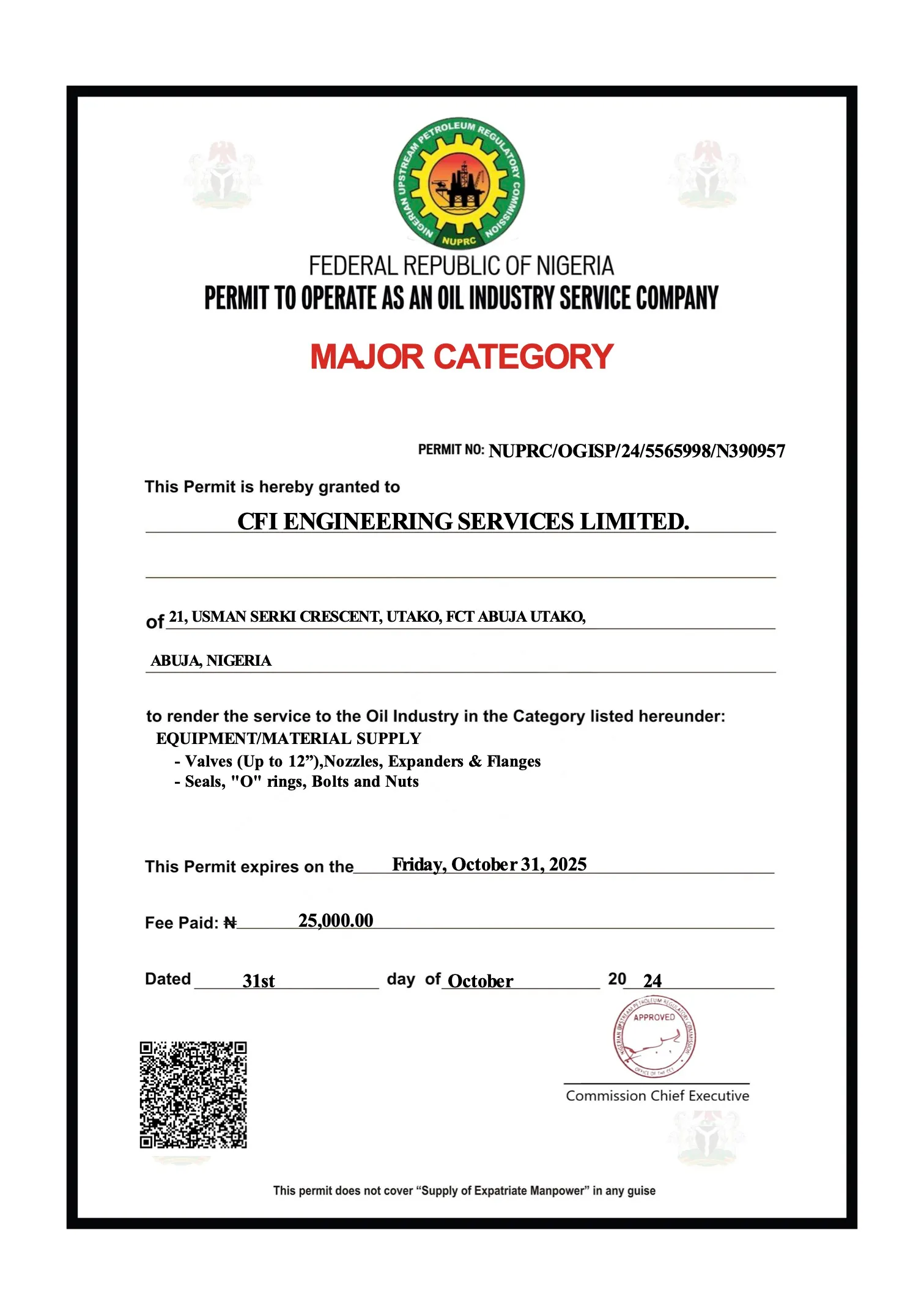 NUPRC Equipment/Material Supply Permit